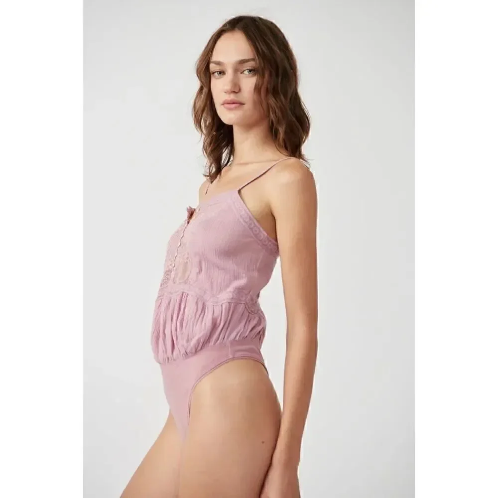 NWT Free People Still the One Lace Trim Cotton Bodysuit in La Fleur, Size XS